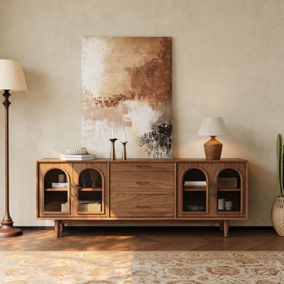 Meuble télé 79 po à portes arquées en verre 79 po, console de crédence avec tablettes réglables, 2 portes et 3 tiroirs, pour le salon ou la chambre à coucher, parfait pour les téléviseurs de 65 po, facile à assembler