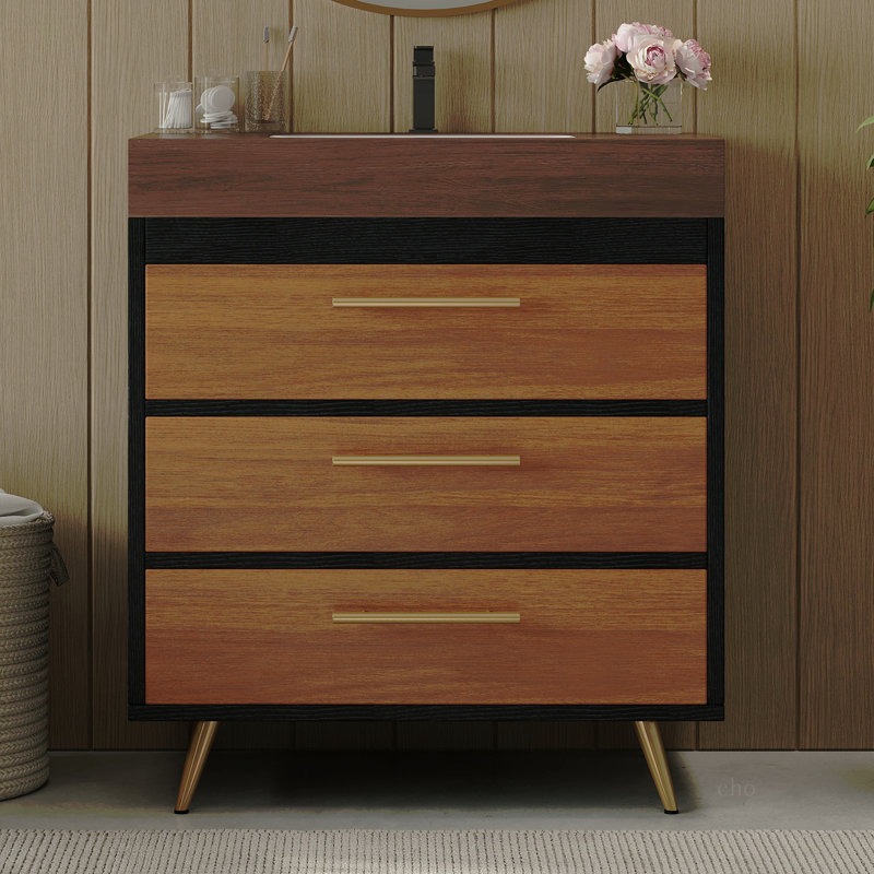 Modern Free-Standing Bathroom Vanity with Ceramic Vessel Sink & Durable Sintered Stone Top