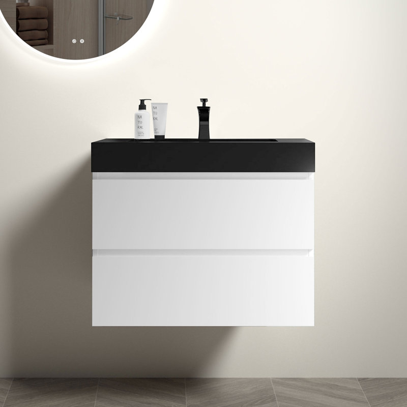 Meuble-lavabo de salle de bain flottant mural, Noir, Blanc