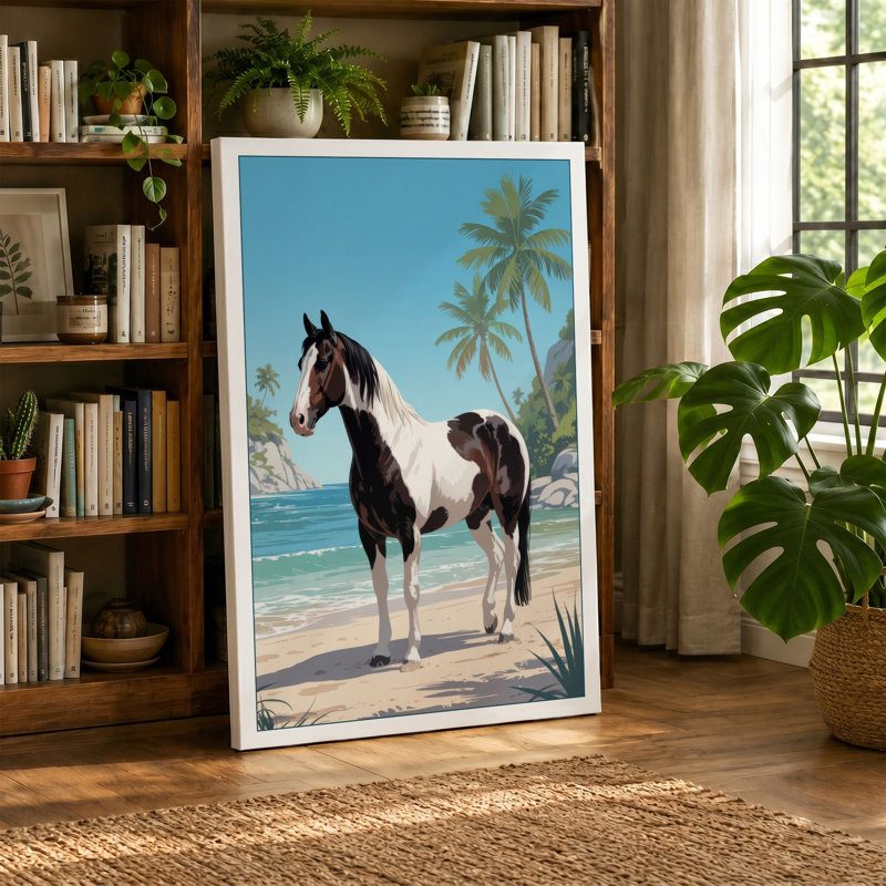Horse on Tropical Shore Coastal - Wrapped Canvas, 30x20 - 76.2 x 50.8 cm, Teal Border