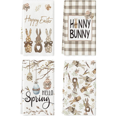 Bunny Rabbits Eggs Happy Easter Kitchen Towels Dish Towels,  Seasonal Hello Spring Decoration Hand Towels Set Of 4
