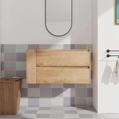 Meuble-lavabo mural 36 po, poignée biseautée à 45 po, tiroir à fermeture en douceur aux 2/3 rangées, chêne imitation, contreplaqué, tablettes réglables, projet de rénovation monté par Space Idea