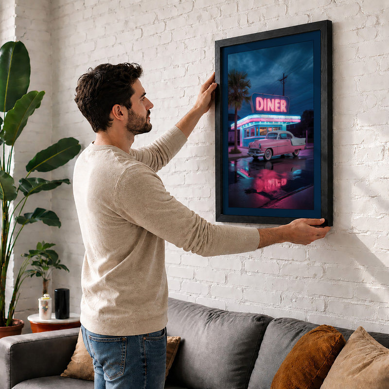Neon Diner at Dusk Retro - Framed Print, A2 - 59.4 x 42.0 cm, Oak