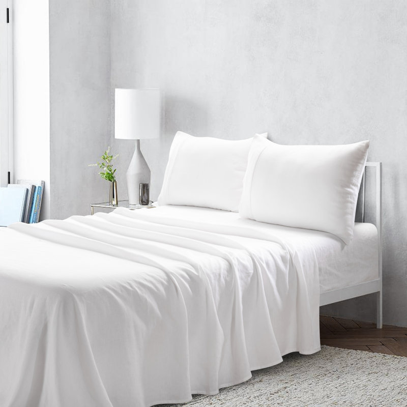  Ensemble de draps en lin pur lavé à la pierre, drap-housse 16 po, Blanc, Ensemble pour très grand lit + 1 drap-housse + 2 