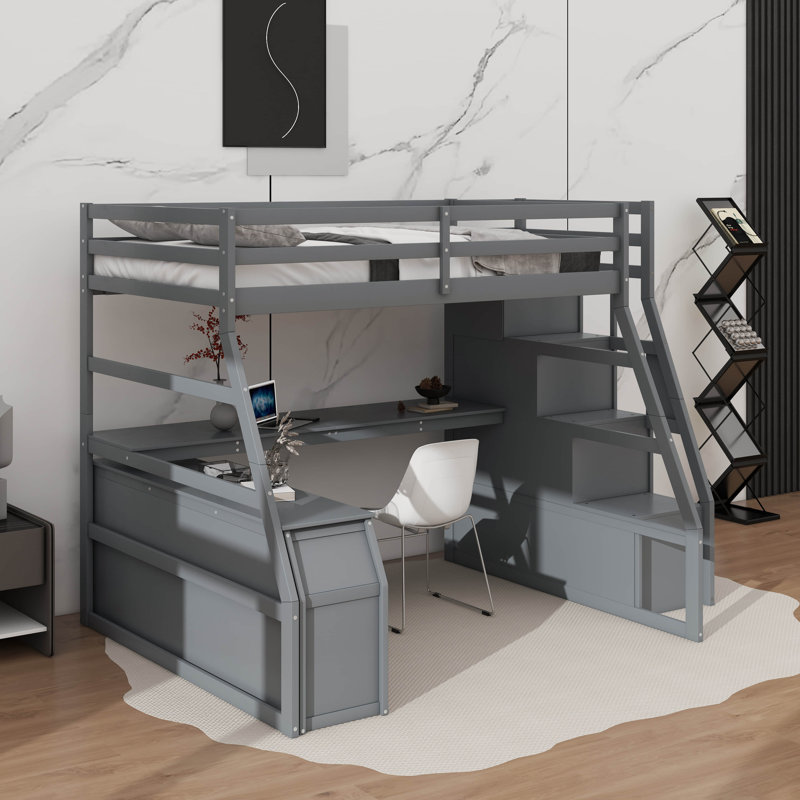 Lit mezzanine double avec tiroirs et bureau, Gris, Lit double