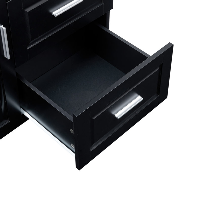 Tall And Wide Storage Cabinet With Doors And Drawers For Bathroom, Office, Living Room, Black