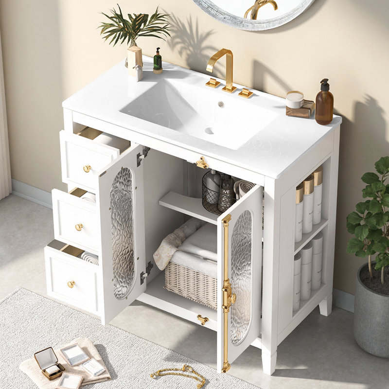 Meuble-lavabo moderne de 36 pouces avec portes à fermeture douce, 3 tiroirs et lavabo en céramique pour un rangement intemporel