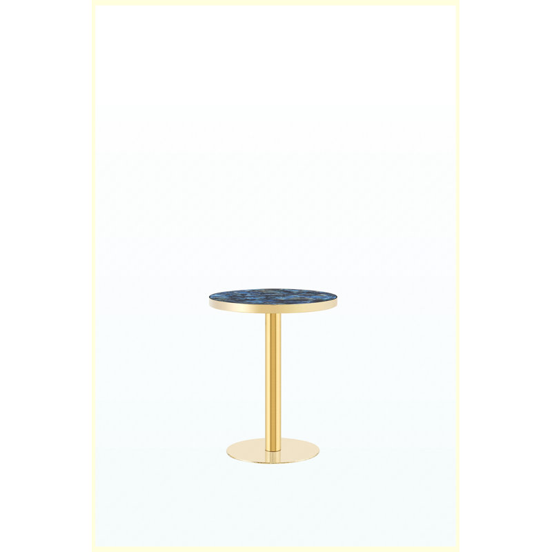 Table basse ronde de luxe moderne 23,6 po, plateau en panneau de fibres à densité moyenne à texture marbrée avec finition peinture UV, bordure en acier inoxydable, pieds en métal, table d'appoint de salon