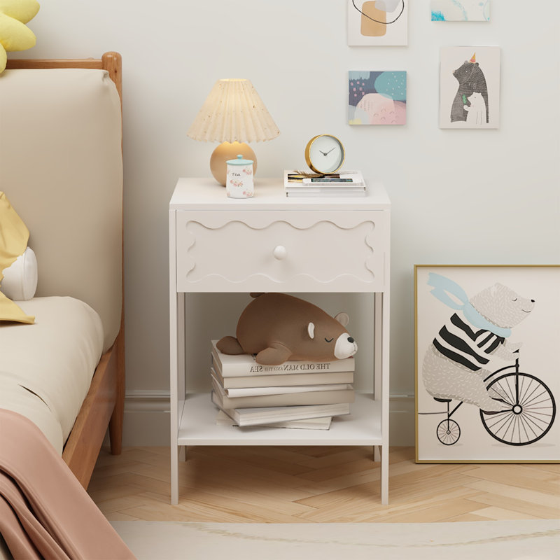 Table de chevet pour enfants avec tiroir en forme de vague, table de chevet blanche moderne, petite table de bout avec tablette de rangement ouverte pour chambre d'enfant