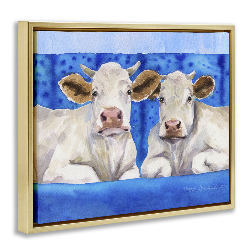 Cadre blanc flottant de vaches blanches sur un canapé bleu, design par George Dyachenko, H 17 po x l 21 po