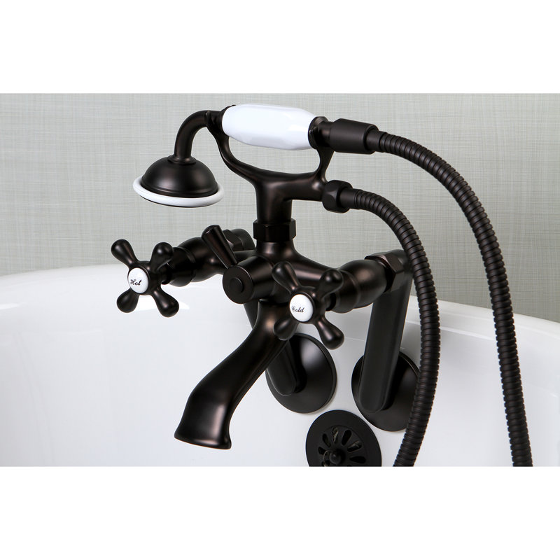 Kingston Brass Kingston Three-Handle 2-Hole Tub Wall Mount Clawfoot Tub Faucet with Hand Shower, Oil Rubbed Bronze