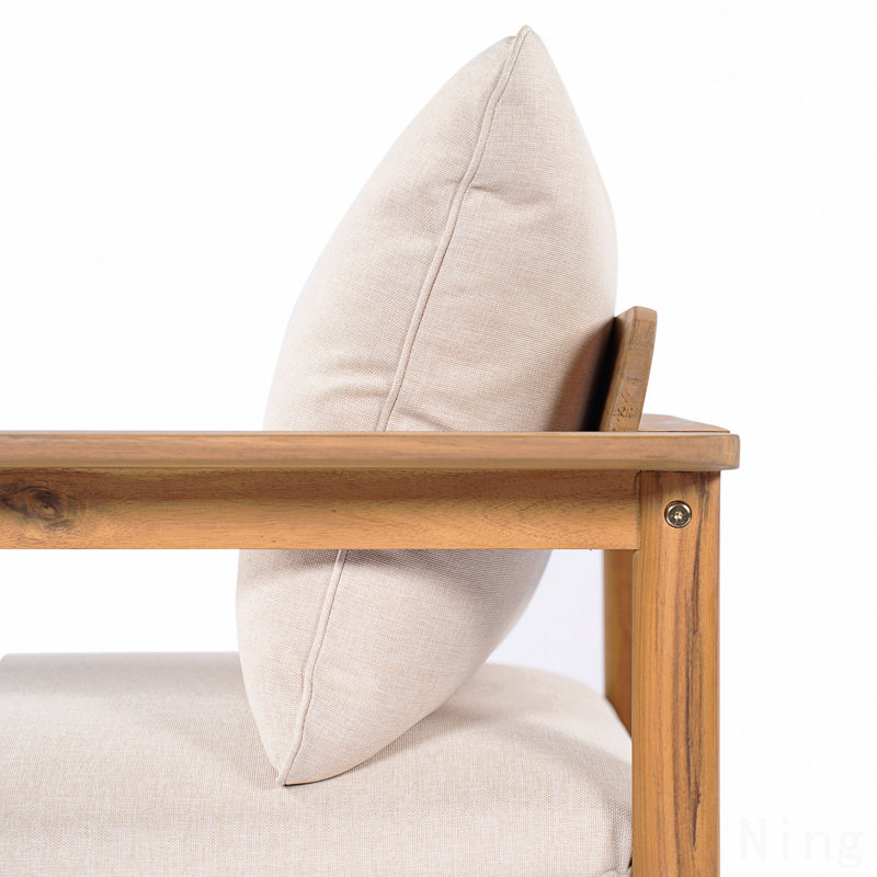 Canapé d'extérieur avec accoudoirs droit en bois d'acacia, finition teck clair avec coussin beige
