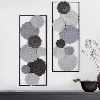 2 Pcs Metal Wall Art - 35.4" X 13.4" Large Metal Flower Wall Decor With Frame, Modern Home Wall Decoration Sculpture For Living Room, Office, Bedroom, Study