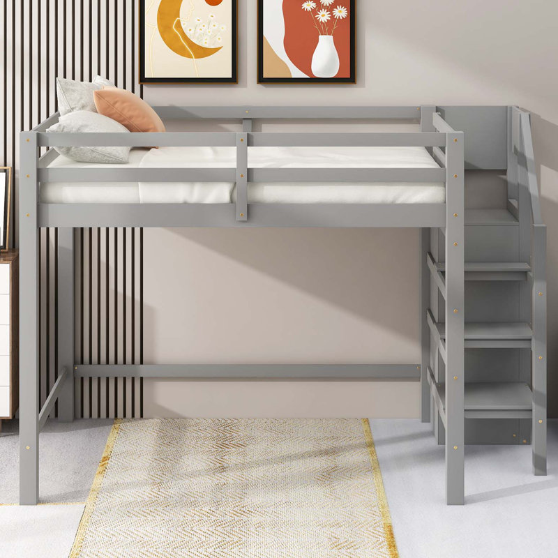Lit mezzanine double avec armoire de rangement intégrée et escalier, Gris