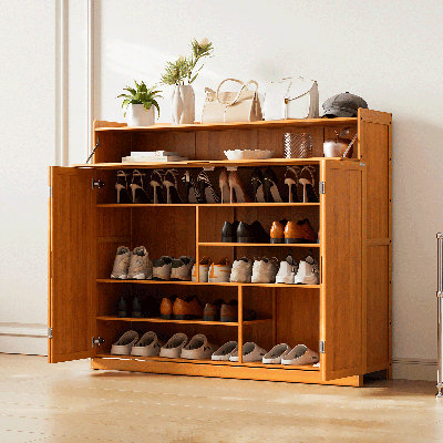 Range-chaussures à 6 niveaux avec 30 paires de portes en bambou avec porte pliante, espace pour le vestibule