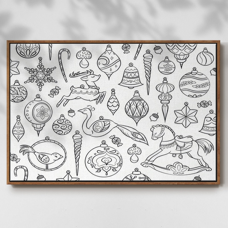 Ornements rétro encadrés sur toile, H 25 po x l 37 po x P 1,5 po, Noyer