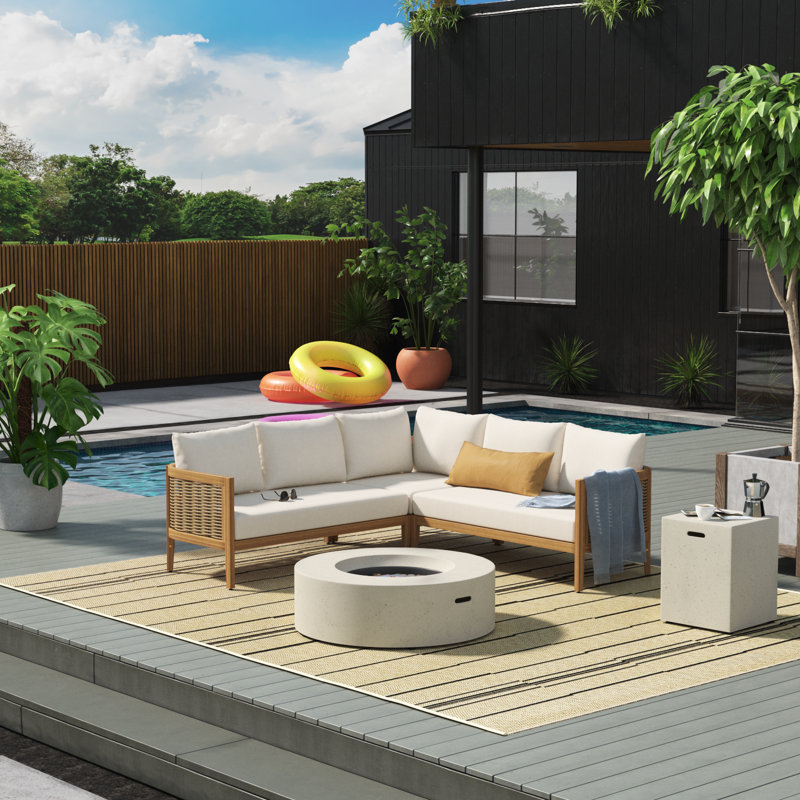 Bajo Wood 5 - Person Patio Conversation Set with Cushions, Light Gray/Mix Brown