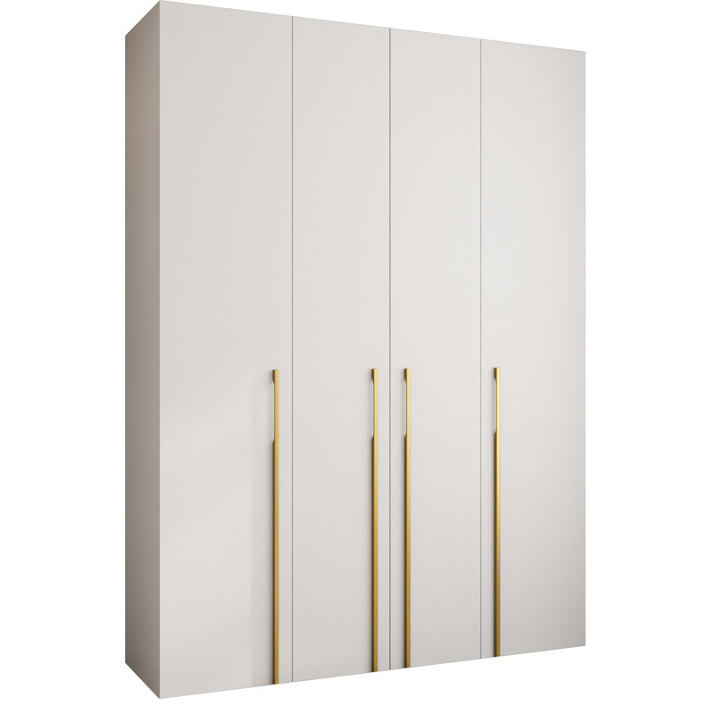 4 Door Manufactured Wood Wardrobe, 245,5 H x 180 W x 40 D, white matt + handles: gold