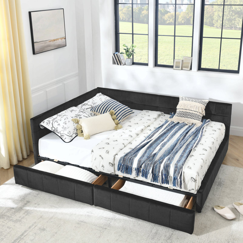 Queen Size Storage Upholstered Tufted Bed Frame, Sofa Bed Frame With Comfortable Backrest And Armrests, Queen Size Bed For Bedroom, Living Room,Velvet