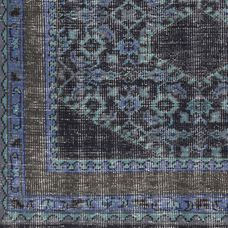 Tapis bleu marine / bleu foncé en laine noué à la main Elsea, Rectangle 5 pi 6 po x 8 pi 6 po