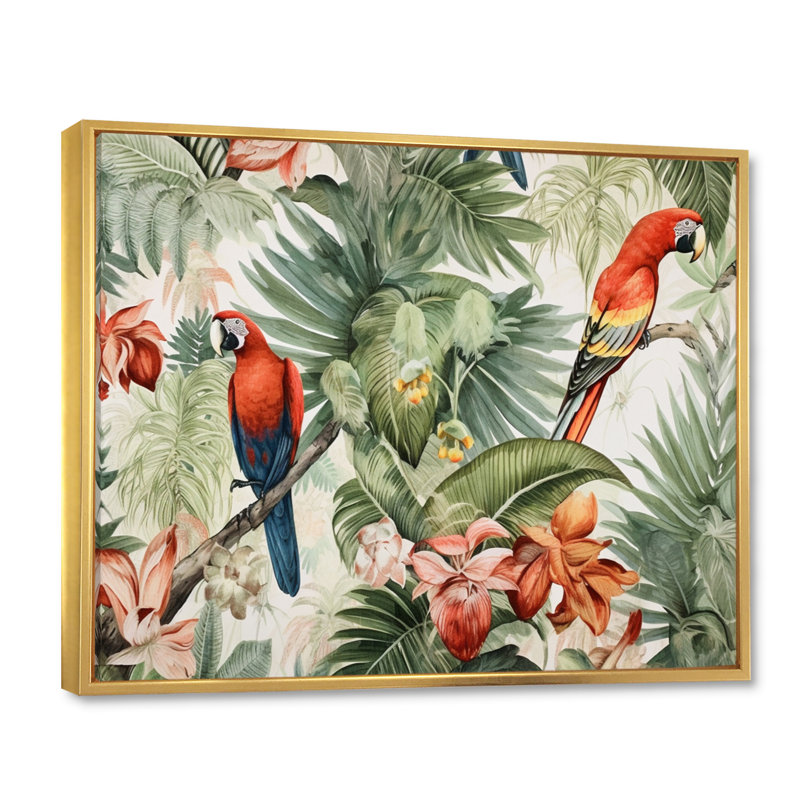 Perroquet au paradis I - art mural perroquet, H 34 po x l 44 po x P 1,5 po, Cadre flottant doré