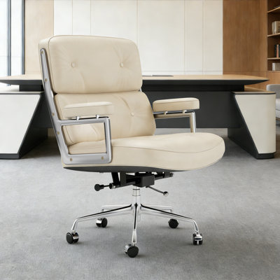 Mid Back Genuine Leather Executive Office Chair With Aluminum Frame, Computer Desk Chair