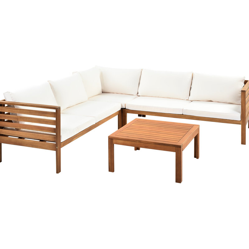 Eau - Bois d'extérieur avec coussins beiges, idéal pour le patio de style japonais protégé fait de balcon