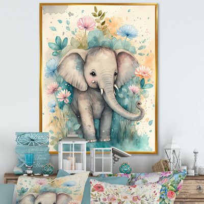 Mignon petit bébé éléphant dans les fleurs I - Peinture, art mural