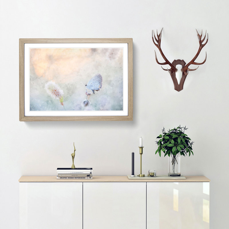 Tailed-Blue Butterfly - Picture Frame Painting Print, 24cm H x 33cm W x 2cm D, Oak Framed