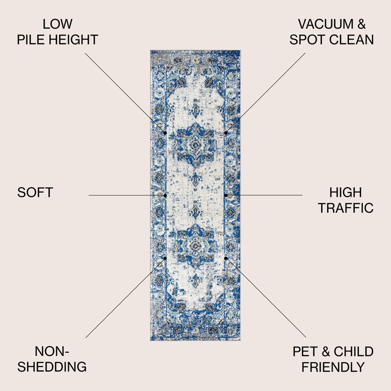 Tapis ivoire / bleu Lathem, Tapis de couloir 2 pi 3 po x 8 pi