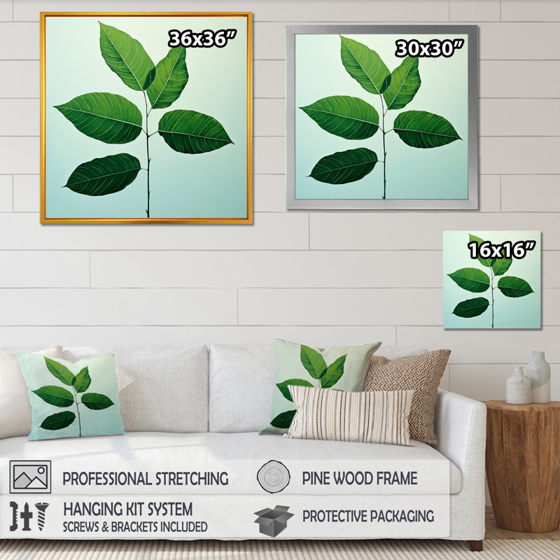«Green Elegance Leaves I» sur toile, Cadre doré simple, H 24 po x l 24 po x P 1 po