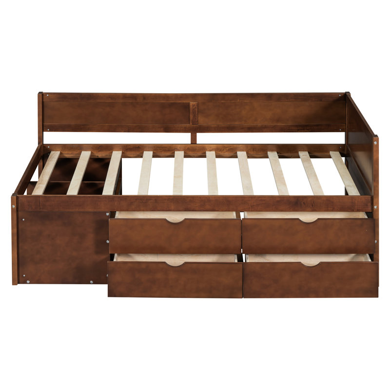 Lit de jour simple avec tiroirs et tablettes en noyer - Allure de chambre à coucher fonctionnelle et fonctionnelle