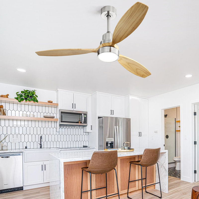Integrated LED Ceiling Fan With Light And Remote Control Solid Wood Blades For Living Room