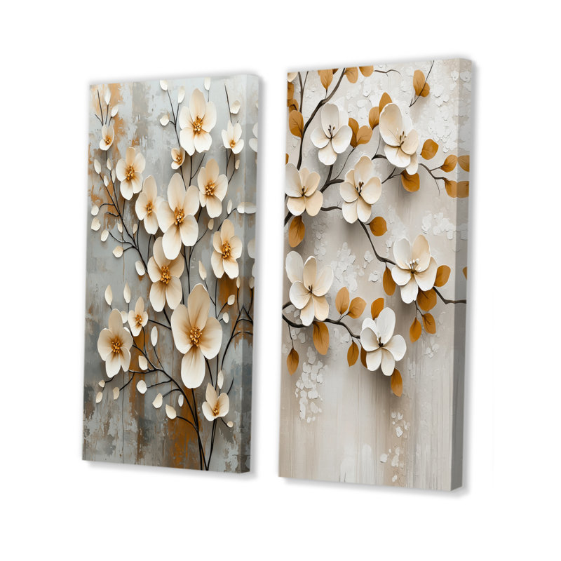 Ensemble d'impressions botaniques blanches et beige I - fleurs de cerisier 2 pièces, Ne s’applique pas, H 28 po x l 24 po