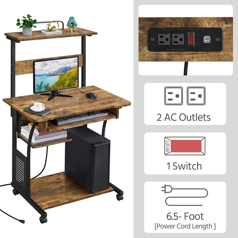 3-Tier Rolling Computer Desk with Charging Station, USB Ports, and Keyboard Tray for Home Office, Rustic Brown/Black