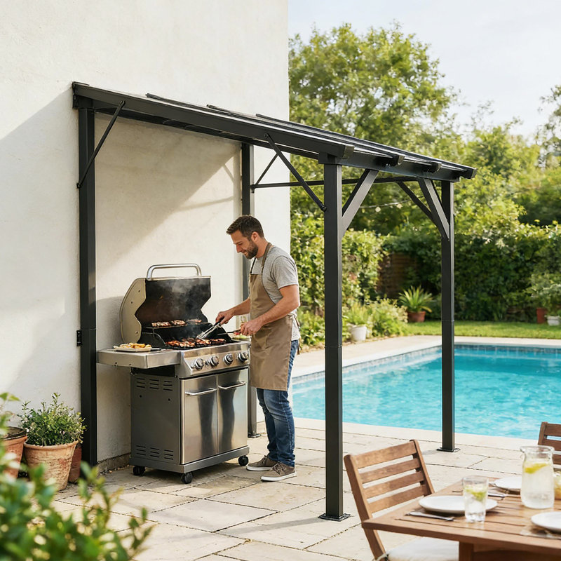 Spacious Outdoor Canopy Shelter With Hardtop Grill Gazebo, Lean-To Design For Patio And Poolside Use