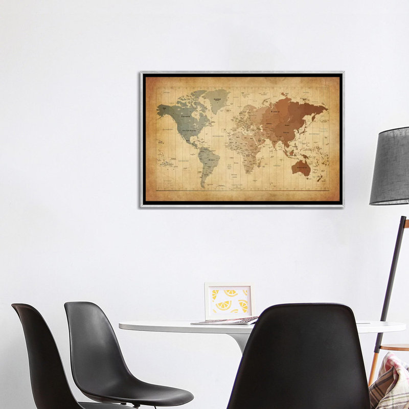 « map of the world iii » par michael tompsett-impression sur image, Toile avec cadre argenté, H 32 po x l 48 po x P 1,5 po