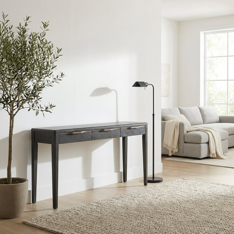 Console d'entrée élégante et luxueuse avec plateau en placage de chêne et trois tiroirs courbés