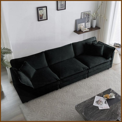 Mid-Century Modern 3-Seater Black Chenille Sofa with 5 Pillows – Ideal for Living Room