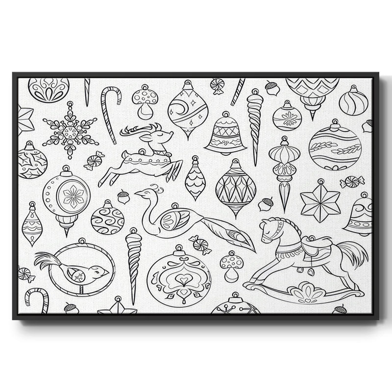 Ornements rétro encadrés sur toile, Noir, H 17 po x l 25 po x P 1,5 po
