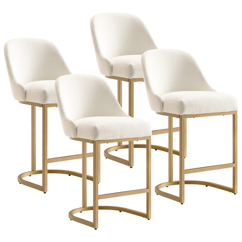 Barrelback Stool with Linen Seat and Metal Base, Counter Stool (26.5" Seat Height), White Linen/Gold Frame