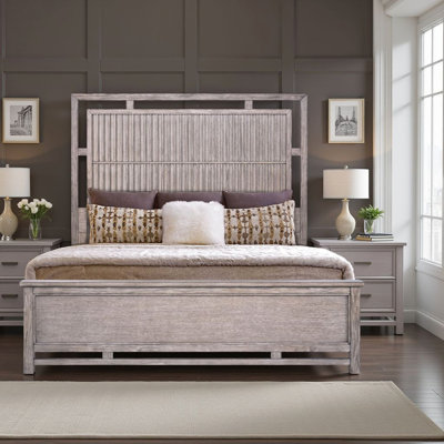Fusion Queen Size Panel Bed with USB Ports, Minimal Assembly, Oak Solids and Veneers, Dawn Finish, Vertical Slat Design