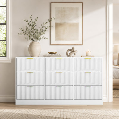 White Deep Storage 9 Drawer Chest With Wavy Drawer Panels Long Wooden Dresser For Bedroom Living Room
