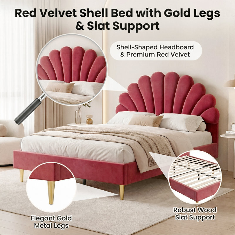 UK & EU Sizes Scalloped Shell Velvet Bed, Glam Upholstered Platform Frame With Gold Legs, Burgundy & Beige, Red