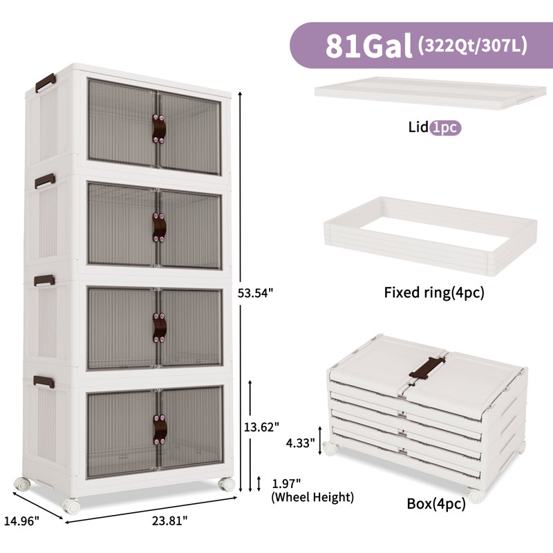 Bacs de rangement en plastique avec couvercles - bacs de rangement en plastique empilables sur roulettes, organisateurs de placard et armoire de rangement avec portes, plus grand 4 niveaux
