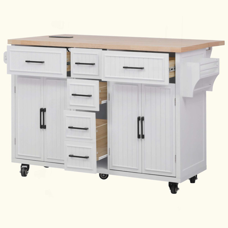 Kitchen Island With Drop Leaf, Power Outlet, Embossed Vertical Stripe Rolling Kitchen Cart On Wheels With 4 Doors , 5 Deep Drawers And Adjustable Shelves, For Kitchen, Dining Room