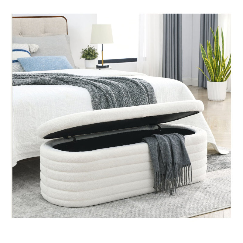 Matt Upholstered 45.5" Teddy Fabric Fluffy Faux Fur Flip Top Storage Bench, White