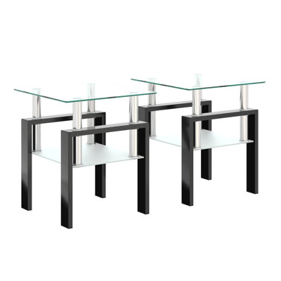 Set Of 2, Modern Tempered Glass Tea Table Coffee Table End Table, Square Table For Living Room