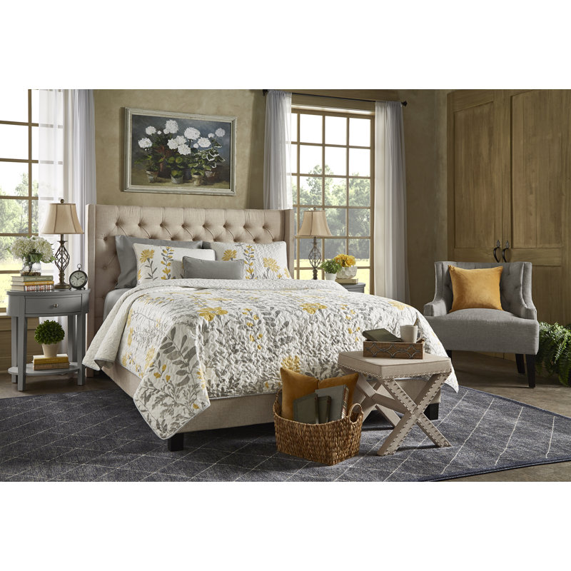 Yellow and Gray Reversible Floral King Microfiber Quilt Set