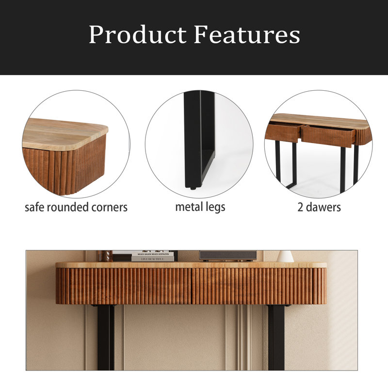 Table d'entrée en bois massif avec design cannelé, console rétro minimaliste avec rangement, table de canapé étroite avec pieds pour le hall d'entrée du salon